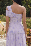 Vestido Midi Lilás de Um Ombro Linha-A para Convidada de Casamento