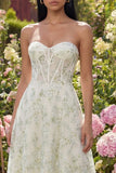 Vestido Midi Floral Verde Claro Sem Alças para Convidada de Casamento