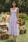 Vestido Midi Floral Lilás com Decote Quadrado para Convidada de Casamento