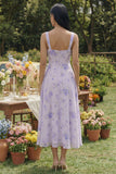 Vestido Midi Floral Lilás com Decote Quadrado para Convidada de Casamento