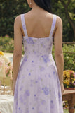 Vestido Midi Floral Lilás com Decote Quadrado para Convidada de Casamento