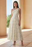 Vestido Midi Floral Verde Claro de Um Ombro para Convidada de Casamento