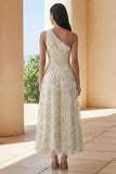 Vestido Midi Floral Verde Claro de Um Ombro para Convidada de Casamento