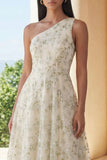 Vestido Midi Floral Verde Claro de Um Ombro para Convidada de Casamento
