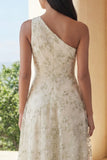 Vestido Midi Floral Verde Claro de Um Ombro para Convidada de Casamento