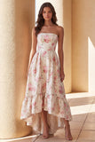 Vestido de  Convidada Casamento Assimétrico Branco e Rosa com Babados e Estampa Floral