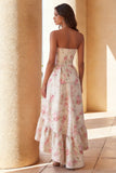 Vestido de  Convidada Casamento Assimétrico Branco e Rosa com Babados e Estampa Floral