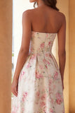 Vestido de  Convidada Casamento Assimétrico Branco e Rosa com Babados e Estampa Floral
