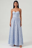 Vestido Longo Azul com Decote Coração em Jacquard para Convidada de Casamento