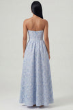Vestido Longo Azul com Decote Coração em Jacquard para Convidada de Casamento