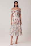 Vestido Midi de Tule Preto Floral com Ombros a Ombro para Convidada de Casamento