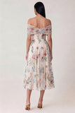 Vestido Midi de Tule Preto Floral com Ombros a Ombro para Convidada de Casamento