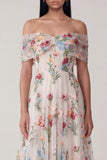 Vestido Midi de Tule Preto Floral com Ombros a Ombro para Convidada de Casamento