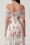 Vestido Midi de Tule Preto Floral com Ombros a Ombro para Convidada de Casamento