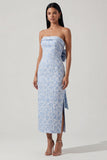 Vestido Midi Azul Sem Alças em Jacquard com Laço para Convidadas de Casamento