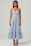 Vestido Midi Azul Sem Alças em Jacquard com Babados para Convidada de Casamento