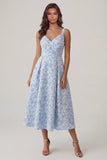 Vestido Midi Azul Jacquard com Decote em V e Linha-A Convidada de Casamento