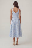Vestido Midi Azul Jacquard com Decote em V e Linha-A Convidada de Casamento