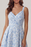 Vestido Midi Azul Jacquard com Decote em V e Linha-A Convidada de Casamento