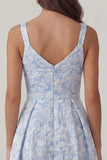 Vestido Midi Azul Jacquard com Decote em V e Linha-A Convidada de Casamento