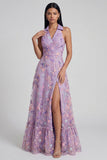 Vestido de Convidada de casamento Lilás com Decote em V Estampado Floral Linha-A Folhos e Racha.