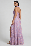 Vestido de Convidada de casamento Lilás com Decote em V Estampado Floral Linha-A Folhos e Racha.