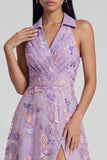 Vestido de Convidada de casamento Lilás com Decote em V Estampado Floral Linha-A Folhos e Racha.