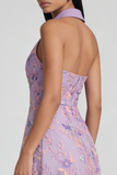 Vestido de Convidada de casamento Lilás com Decote em V Estampado Floral Linha-A Folhos e Racha.