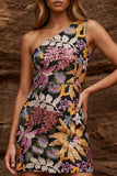 Vestido Cocktail Preto Bodycon Um Ombro Brilhante com Lantejoulas