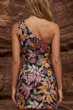 Vestido Cocktail Preto Bodycon Um Ombro Brilhante com Lantejoulas