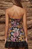 Vestido de cocktail preto preto brilhante sem alças sem lantejoulas com folhos