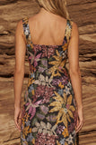 Vestido Midi Preto Jacquard com Decote Quadrado para Convidada de Casamento