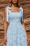 Vestido Midi Azul Celeste Brilhante para Convidada de Casamento com Missangas