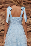 Vestido Midi Azul Celeste Brilhante para Convidada de Casamento com Missangas