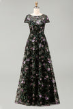 Vestido preto de decote redondo floral com decote longo da mãe da noiva e lantejoulas