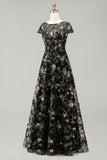 Vestido preto de decote redondo floral com decote longo da mãe da noiva e lantejoulas