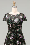 Vestido preto de decote redondo floral com decote longo da mãe da noiva e lantejoulas