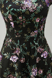 Vestido preto de decote redondo floral com decote longo da mãe da noiva e lantejoulas