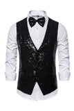 Colete de fato masculino preto com decote em V e lantejoulas simples