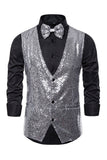 Colete de fato masculino preto com decote em V e lantejoulas simples