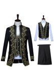 Fato masculino de 3 peças, com gola erguida, bordado floralmente preto, estilo barrroco