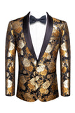Blazer masculino de lapela com xale floral de jacquard dourado