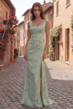 Vestido de baile de finalistas com decote quadrado floral e sereia de sálvia poeirenta