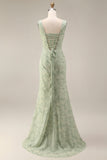 Vestido de baile de finalistas com decote quadrado floral e sereia de sálvia poeirenta