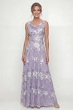 Vestido Linha A Mãe da Noiva com Decote Bordado Roxo A com Lantejoulas