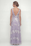 Vestido Linha A Mãe da Noiva com Decote Bordado Roxo A com Lantejoulas