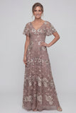 Vestido Comprido Floral Rosa para Mãe da Noiva com Lantejoulas