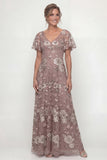 Vestido Comprido Floral Rosa para Mãe da Noiva com Lantejoulas
