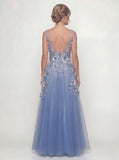 Vestido Comprido Floral Azul Acinzentado Brilhante para Mãe da Noiva com Missangas
