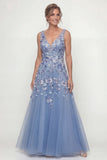 Vestido Comprido Floral Azul Acinzentado Brilhante para Mãe da Noiva com Missangas